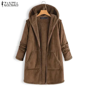 

ZANZEA Winter Hoodies Plush Fluffy Faux Fur Coats Women Long Sleeve Hooded Fur Lining Outerwear Casual Zipper Coat Warm Jackets