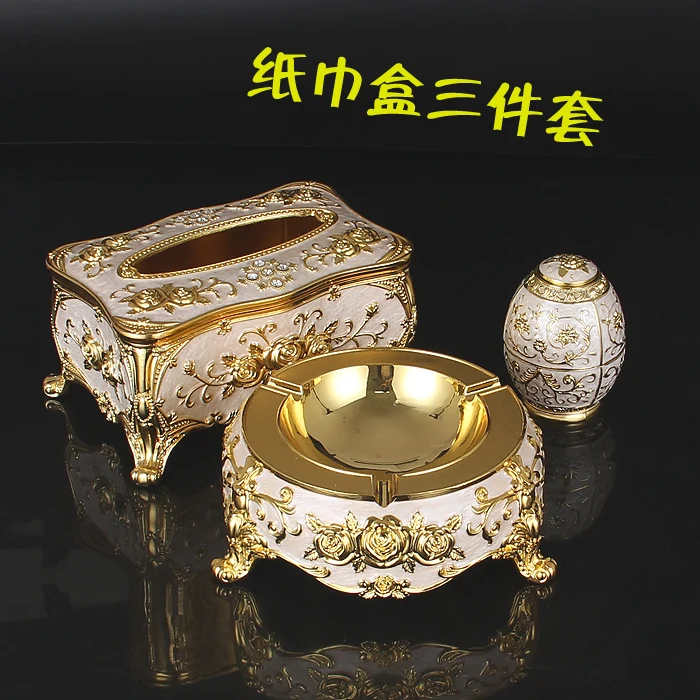 

European style tissue box luxurious drawer three piece set creative high-grade ashtray tooth sign tube tea table decoration