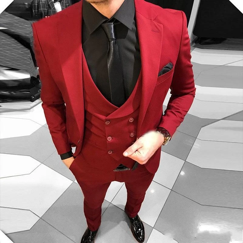 

2020 Men's Red Notched Lapel Wedding Suits Evening Party Prom Bridegroom Custom Made Slim Fit Casual 3 Pieces Best Man Terno