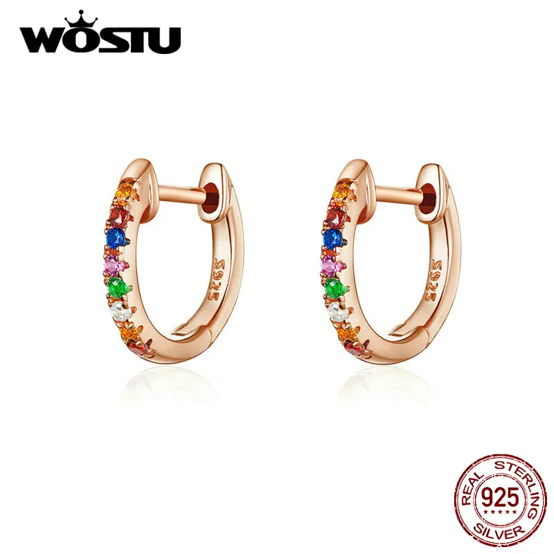 WOSTU Real 925 Sterling Silver Colorful Zircon Rose Gold Stud Earrings For Women Wedding Small Jewelry Gift DXE721-C | Украшения и