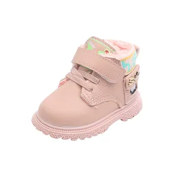Winter Thick Cotton Girls Martin Boots 2021 with Pocket Hook & Loop Leather Boots Baby Boys Solid Black Kids First Walker Shoes