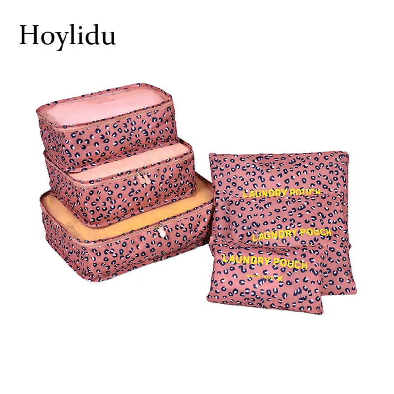 6 Pcs/Set Travel Package Leopard Pattern Dot Waterproof Oxford Portable Clothing Underwear Large Capacity Folding Bag Accessorie | Багаж и