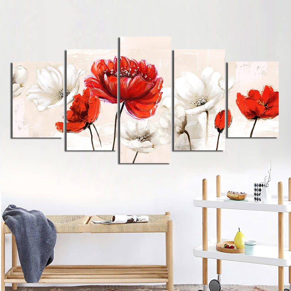 5pcs Abstract Red Flower Canvas Painting Wall Art Mural Modern Home Decor Pack 
