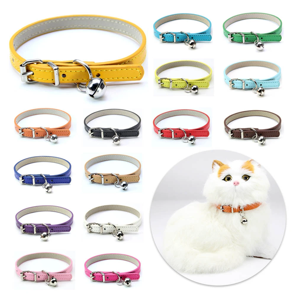 Collar de piel sintética suave con cascabel para gato, collares sólidos para cachorro, accesorios para perros y gatos, Chihuahua, 16 colores