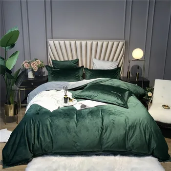 

Heavyweight Velvet Duvet Cover Bed Sheet Set 4Pcs Queen King Soft Warm Premium Luxurious Bedding set Zipper Ties,Dark Green
