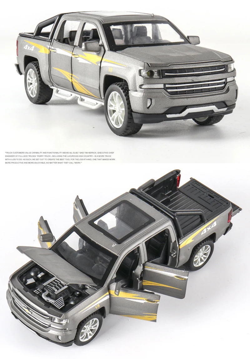 1:32 Масштаб Diecasts SILVERADO V8 Pickup модель автомобиля игрушечные машинки из сплава Авто спиральные с горячей выдвижной задней колеса автомобили игрушки подарки