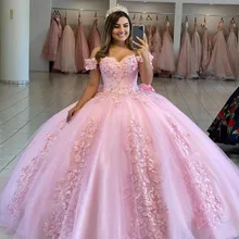 

Pink Quinceanera Dresses Ball Gown Beading Bow Handmade 3D Flowers Off The Shoulder Formal Prom Dress Vestidos De 15 Años