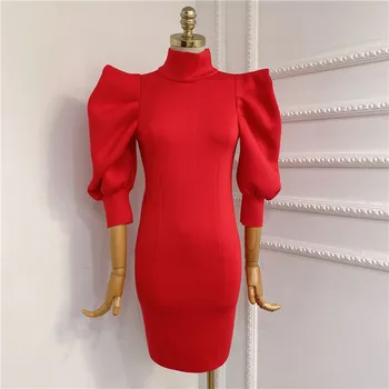 

HIGH QUALITY Newest Fashion 2020 Runway dress Women's Turtleneck Puff Sleeve Space cotton Buttock dress