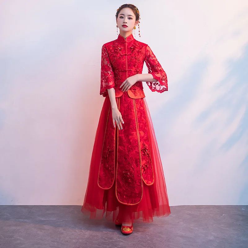 Традиционное китайское свадебное платье фиеста Qipao платье китайский стиль Soiree Femme красный Cheongsam платья подружек невесты TS1755
