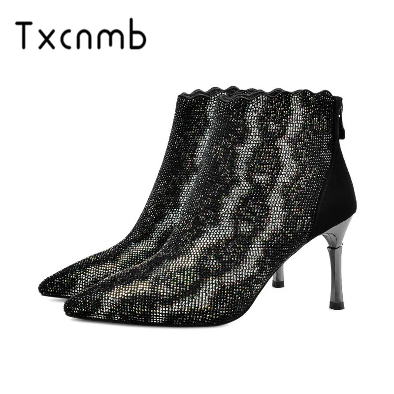 

TXCNMB Women Ankle Boots Suede Thin High Heel Flock Elegant Winter Boots Black Casual Women Motorcycle Boots Size 34-40