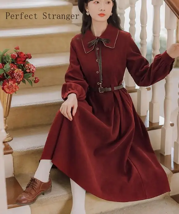2021 Winter New Arrival High Quality Elegant Turn-down Collar Woman Cotton Long Dress With Belt | Женская одежда