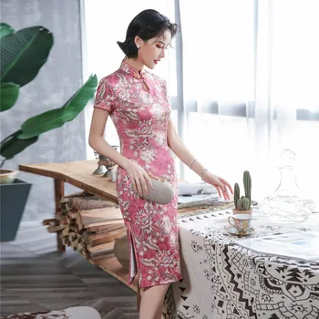 

Sexy Satin Vestidos 5XL Vintage Mandarin Collar Women Qipao Vintage Short Sleeve Chinese Elegant Cheongsam Print Flower Dress