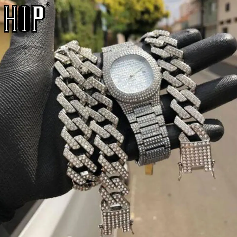 

Hip Hop 1Kit 20MM Watch +Necklace +Bracelet Iced Rhinestones Prong Cuban Chain CZ Bling Rapper Heavy Necklaces For Men Jewelry
