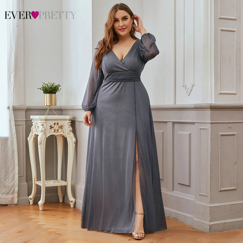 Plus Size Burgundy Prom Dresses Ever Pretty A-Line Deep V-Neck Side Split Long Sleeve Sexy Sparkle Formal Party Gowns Sukienki