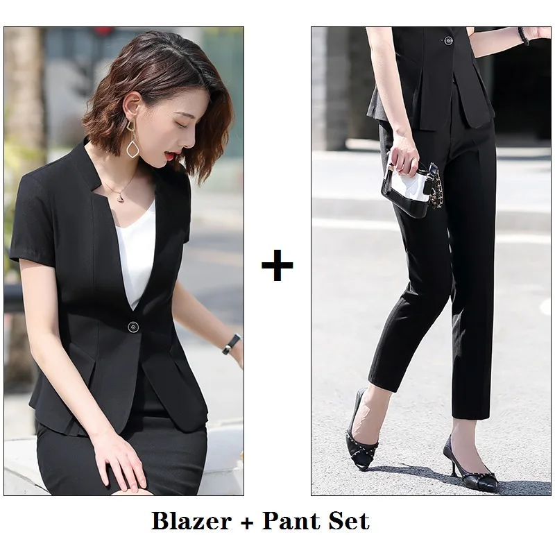 Blazer and Pant Set Летний формальный Серый Блейзер женские брюки Костюмы рабочая одежда наборы офисная Дамская Деловая одежда с коротким рукавом - Цвет: Blazer and Pant Set