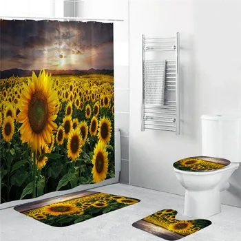

4 Pcs/Set Sunflowers Polyester Shower Curtain Anti Slip Bath Mat Carpet Toilet Cover Rug Curtains Set Bathroom Accessories
