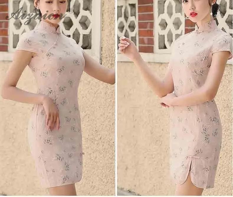 Модные короткие Cheongsam Мини QiPao Chinoise Femme платья для женщин Современный светло зеленый хлопок Qi Pao для традиционное китайское платье
