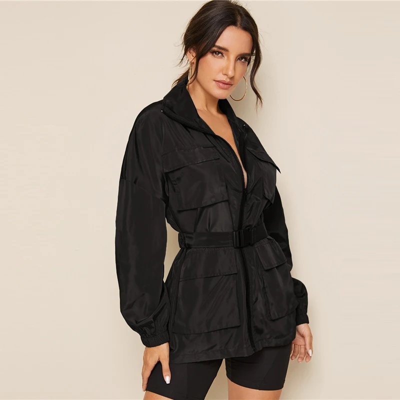 SweatyRocks черная куртка на молнии с карманом и заплатками, нажимная пряжка на поясе, Женская ветровка, куртки, повседневные пальто и куртки