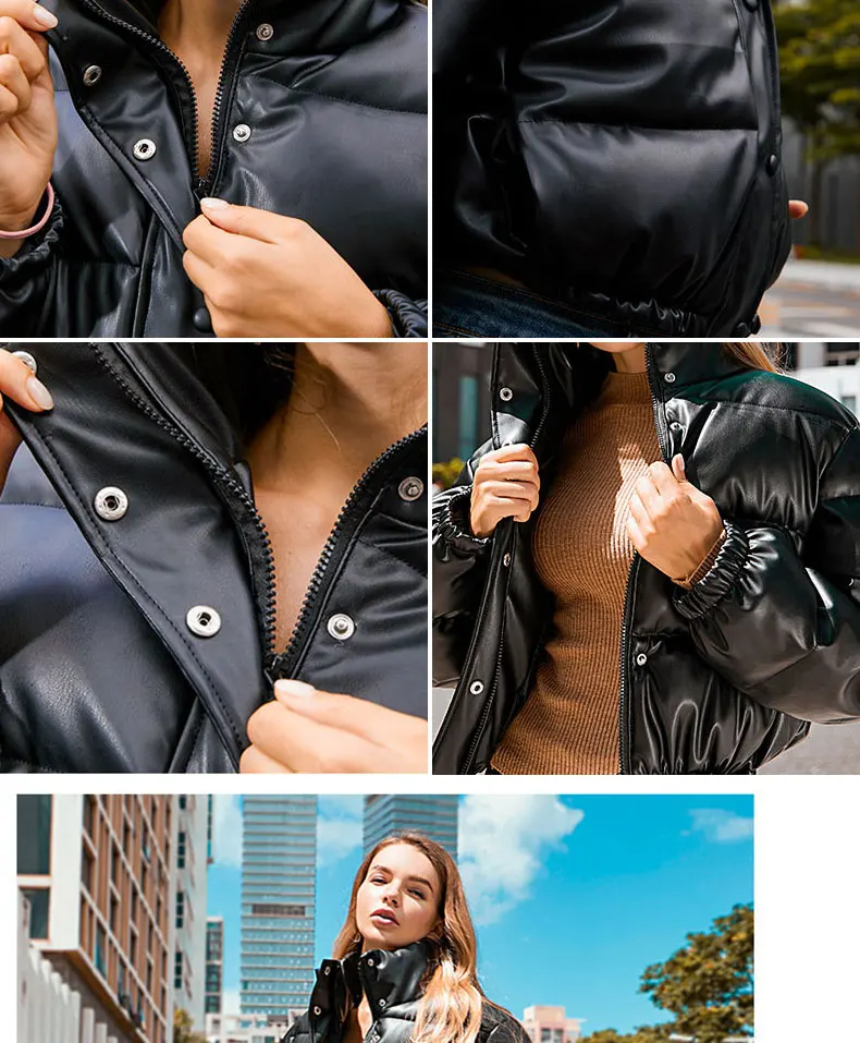 womens parka 2021 Winter Collection Women Clothing  PU Leather Zipper Stand Collar Crop Puffer Coat puffer coat with hood