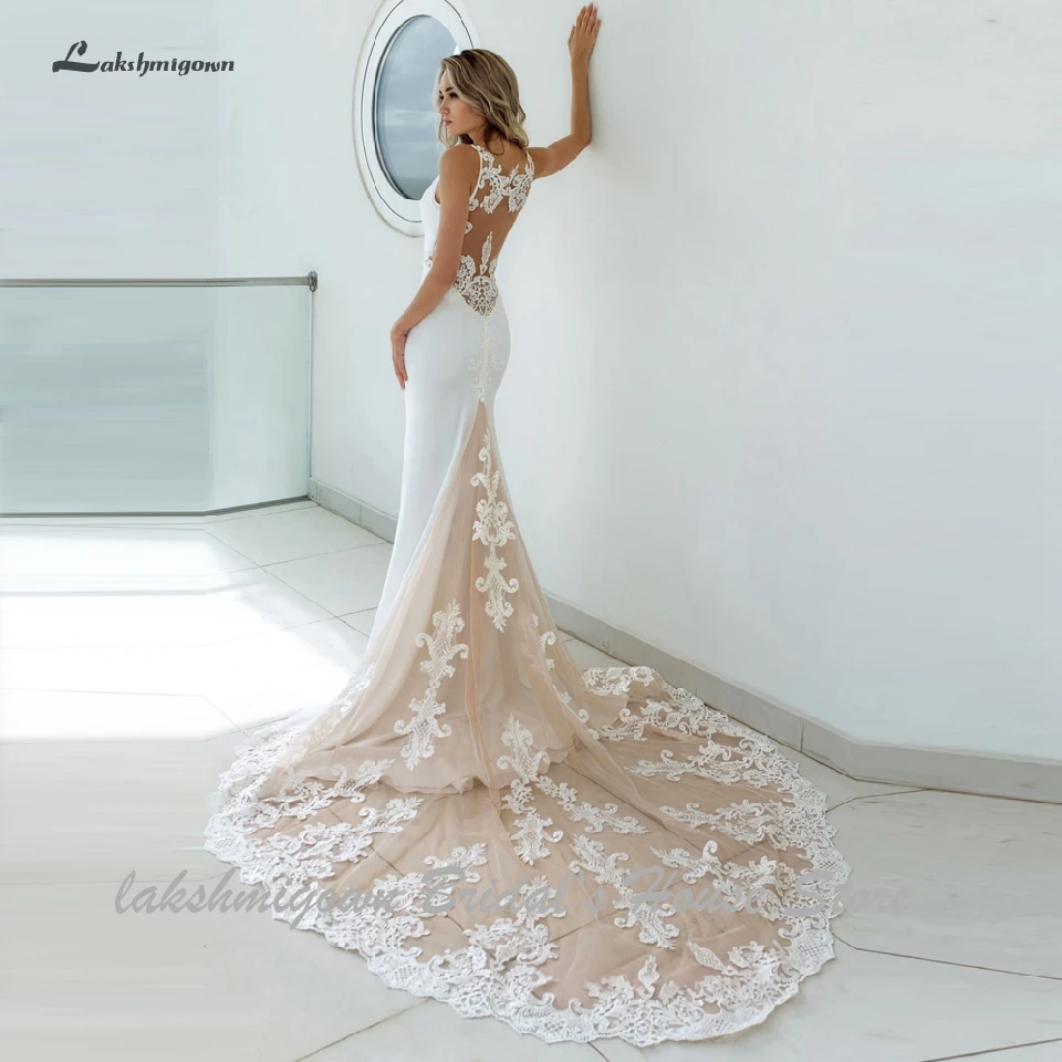 Lakshmigown, сексуальное женское свадебное платье с длинным шлейфом, Русалка,, Vestidos de Novia, прозрачные, иллюзионные, кружевные, аппликация, свадебные платья для невесты