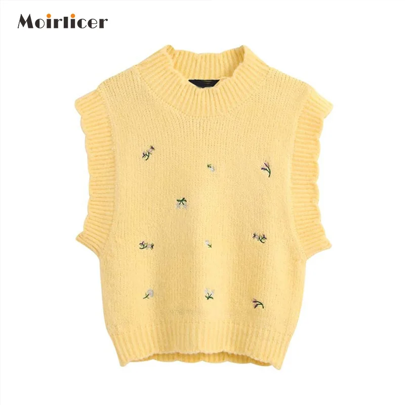 

2020 women sweet yellow knitted vest waistcoat floral embroidery sleeveless stretchy jacket female cute chic tops mujer