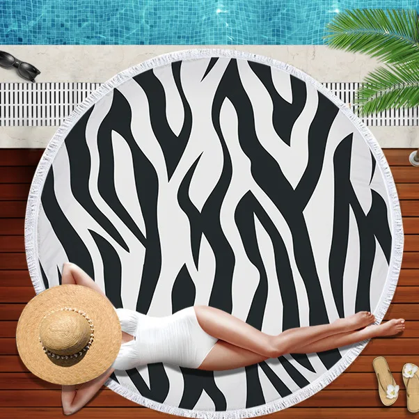 Leopard Tiger Pattern Beach Printed Towel Round With Tassels Microfiber