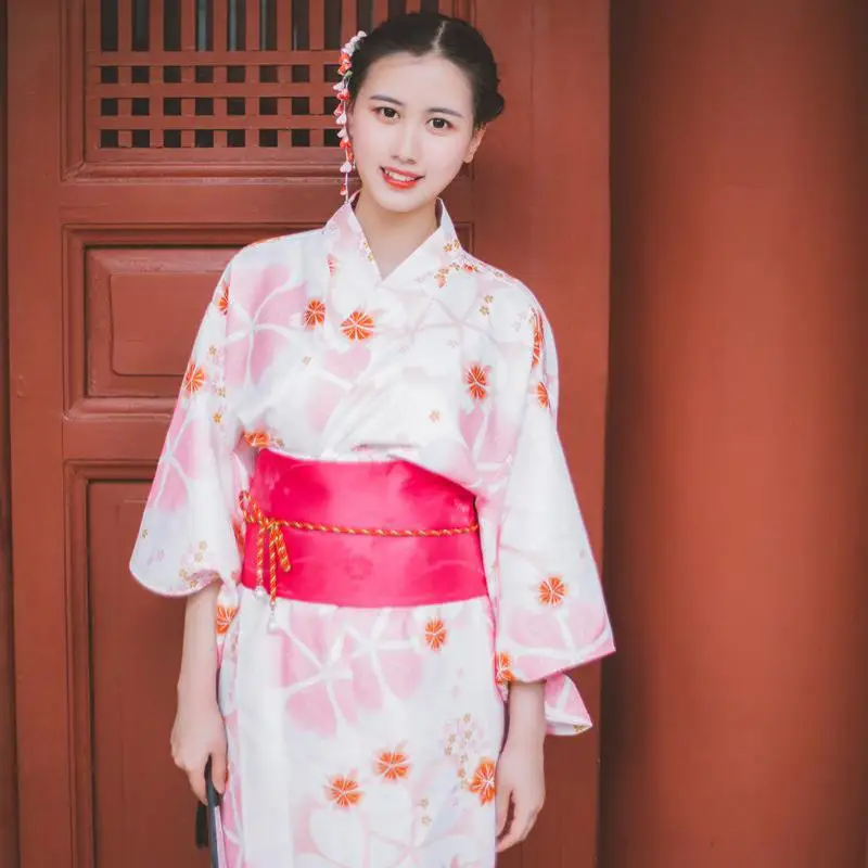 

Japanese Style Women Kimono Robe Gown Vintage Asian Geisha Flower Yukata Cosplay Costume Print Elegant Stage Performance Dress