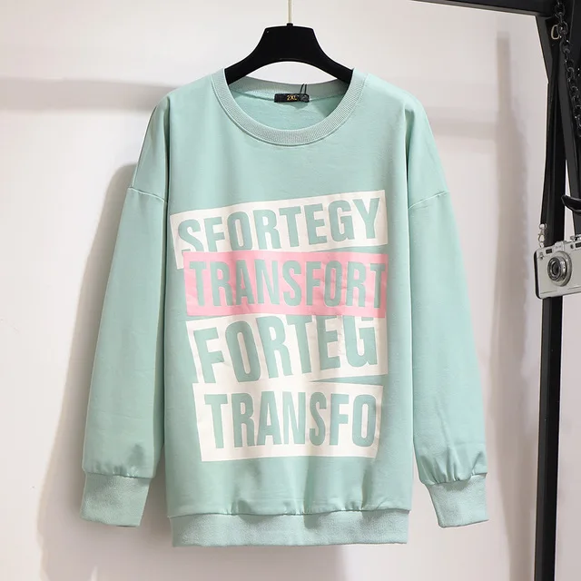 autumn winter plus size tops for women large long sleeve loose casual print letter O neck T shirt black 3XL 4XL 5XL 6XL 7XL - Цвет: Зеленый