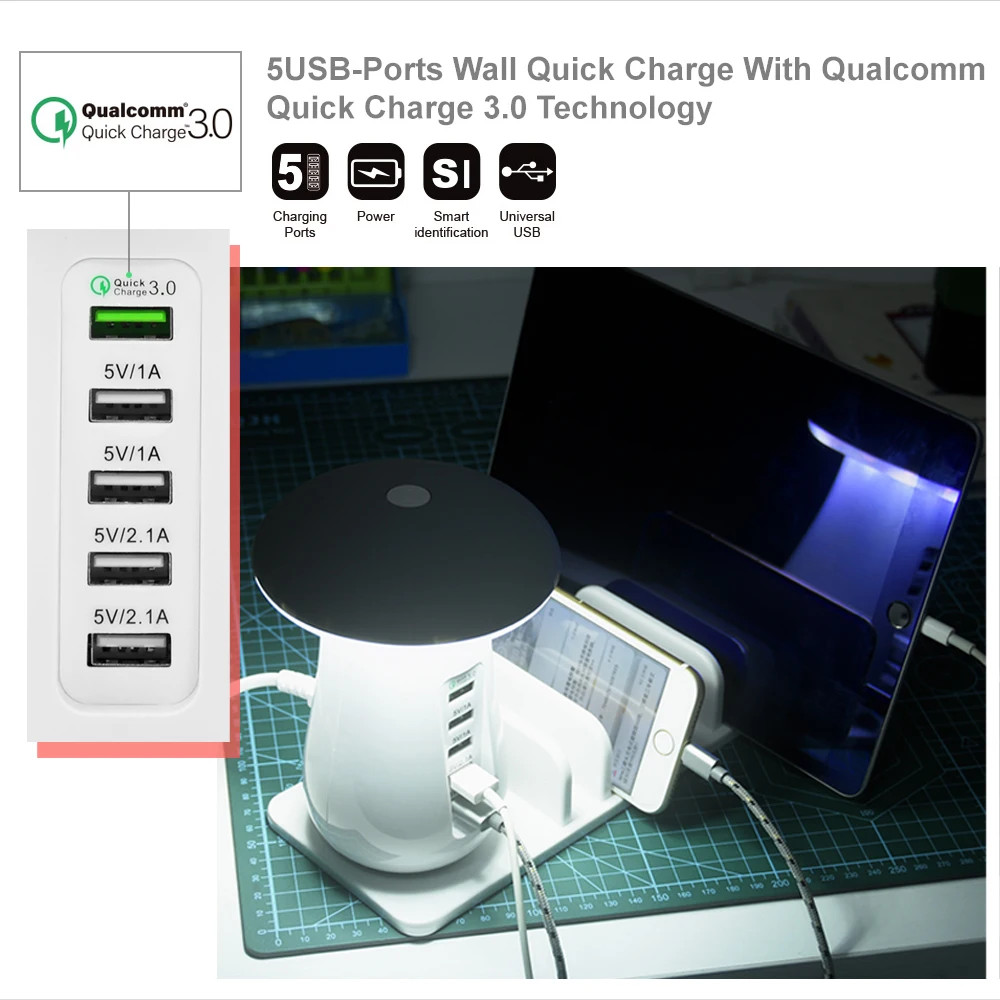 LWARML режим кнопки ночного света гриба/Сенсорный режим 3,0 usb-зарядное устройство 5 портов адаптер для зарядки телефона светодиодный грибовидный Настольный свет