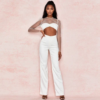 

2020 Fashion White Mesh Hollow Out Sexy Women Jumpsuit Dot Two Pieces Set Summer Verano Club Jumpsuits Drop shipping
