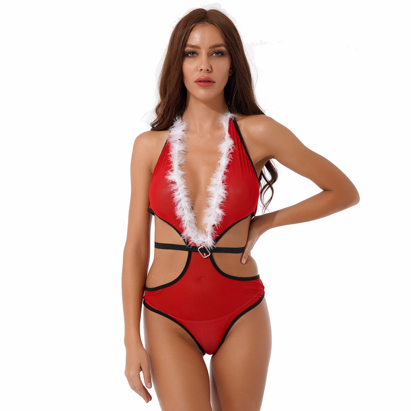 

Women Christmas Costumes Halter Lace-Up See-Through Mesh Faux Fur Trim Plunging Neckline Cutout Leotard Bodysuit Lingerie