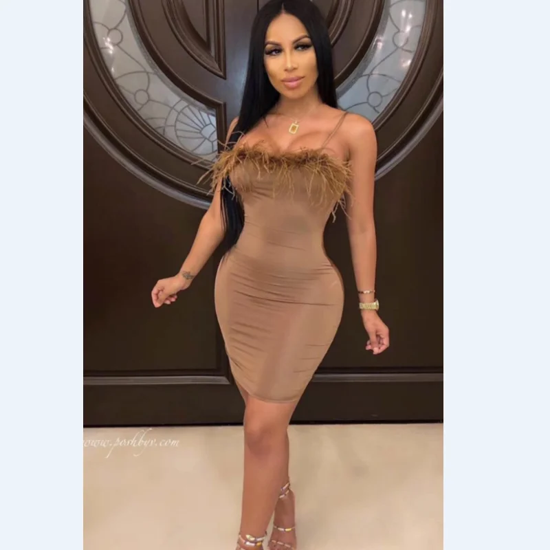 Вискоза эластичная Bodycon Вечерние Платье Лидер продаж Для женщин летние сексуальными тоненькими лямками без бретелек Перья чёрный; коричневый бандажные платья
