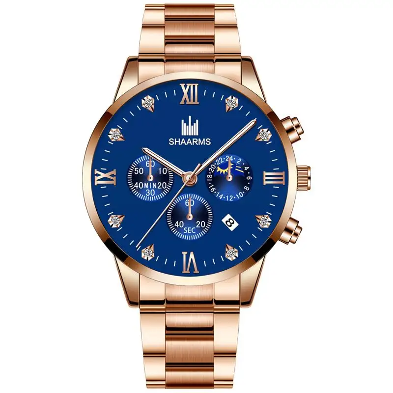 

Fashion Men Luxury Rose Gold Quartz Watch Roman Number Diamond Stainless Steel Watches Male Business Wristwatch Reloj Hombre