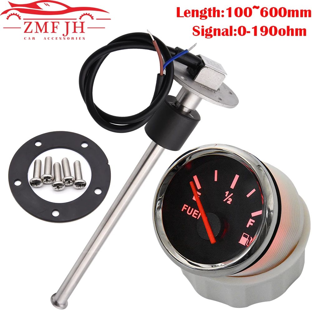 Sensor de nível combustível do carro do barco marinho com indicador medidor do tanque 0 190 100 ohm 52mm calibre combustível para o envio de combustível da unidade com 600 ~ mm