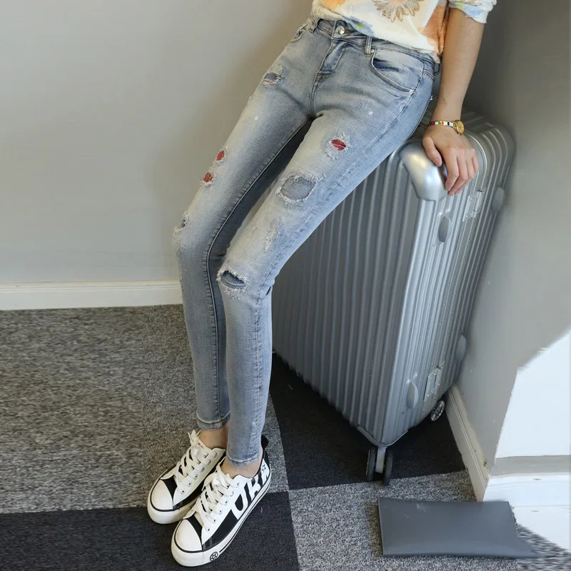 

Autumn Clothes Jeans Female Worn Out Patch Elastic Force Slim Fit Show Thin And Small Foot Pants
