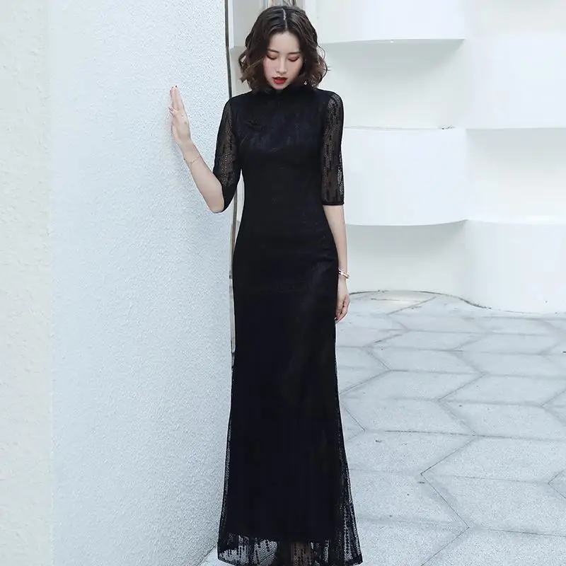 Темно-синие Элегантные платья Cheongsam, новинка, женские вечерние платья с коротким рукавом, сексуальные платья в китайском стиле, воротник-стойка, Qipao Vestidos - Цвет: Style K