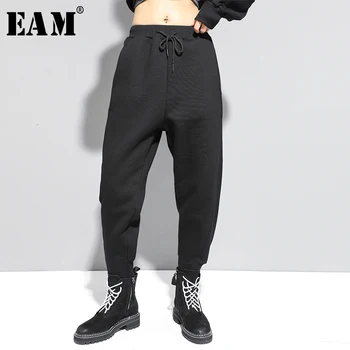 

[EAM] High Elastic Waist Black Leisure Long Harem Trousers New Loose Fit HaremPants Women Fashion Spring Autumn 2020 19A-a529
