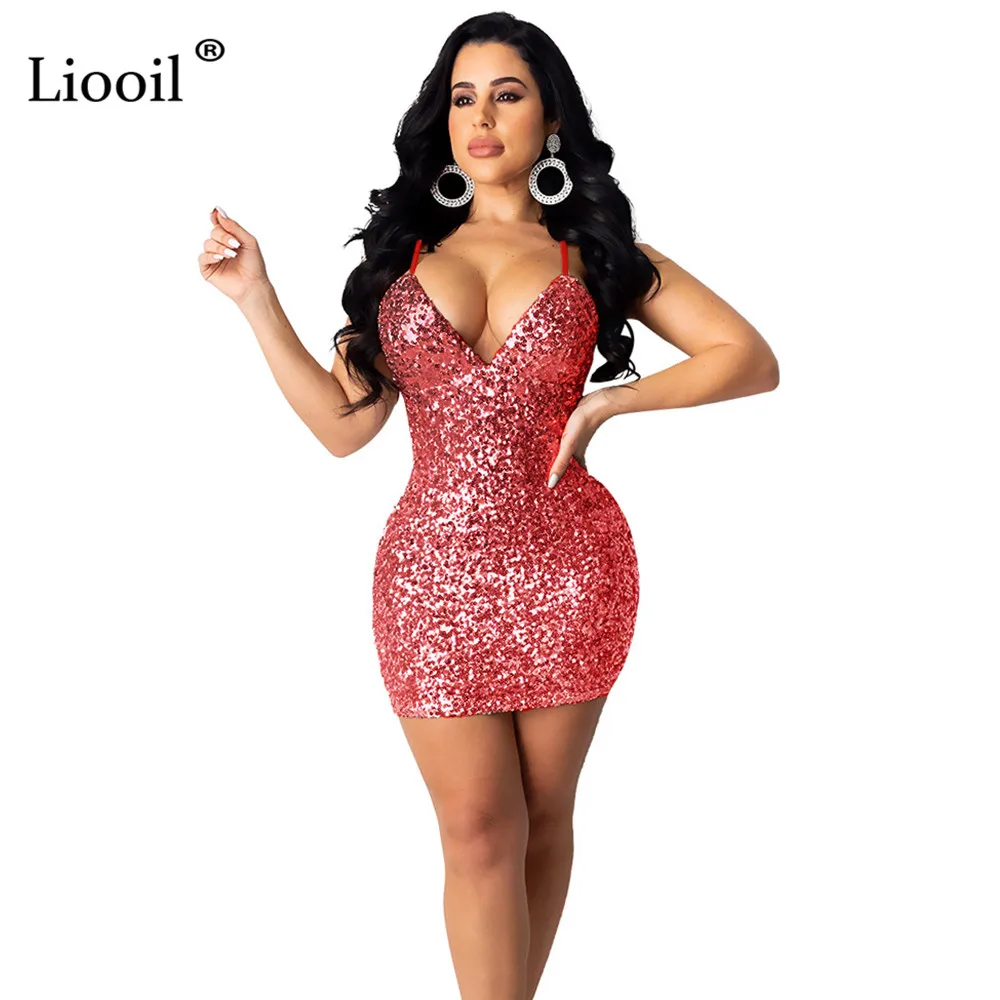 Красный Liooil облегающее мини-платье с блестками для женщин, без рукавов, v-образный вырез, открытая спина, Сексуальные облегающие платья на бретельках, женские вечерние платья для ночного клуба - Цвет: Красный