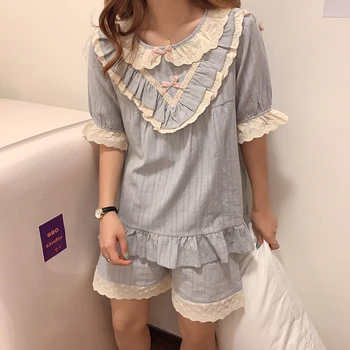 

Lolita Ruffles Pajamas Summer Princess Sweet Cotton Sleepwear Set Short Sleeve+Shorts Suits Homewear Kawaii Students Lace S1058