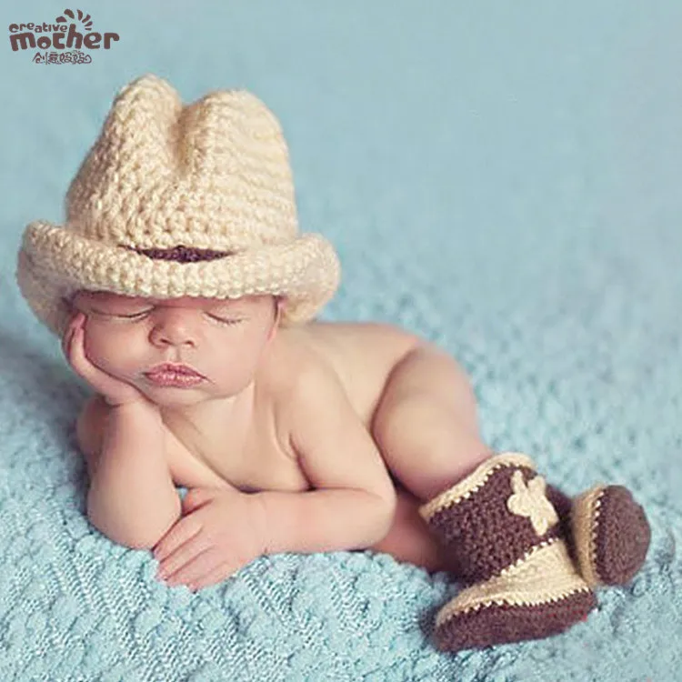 

Knitting Baby Hat Shoes Newborn Photography Props Cowboy Cute Children Cap for Girls Newborn Boy Outfit Sets Infant Boy Clothing