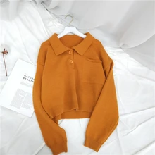

EBAIHUI 2021 Autumn New Polo Pullover Sweater Women Loose Turn Down Collar Outerwear Soft Solid Short Knit Sweaters Top