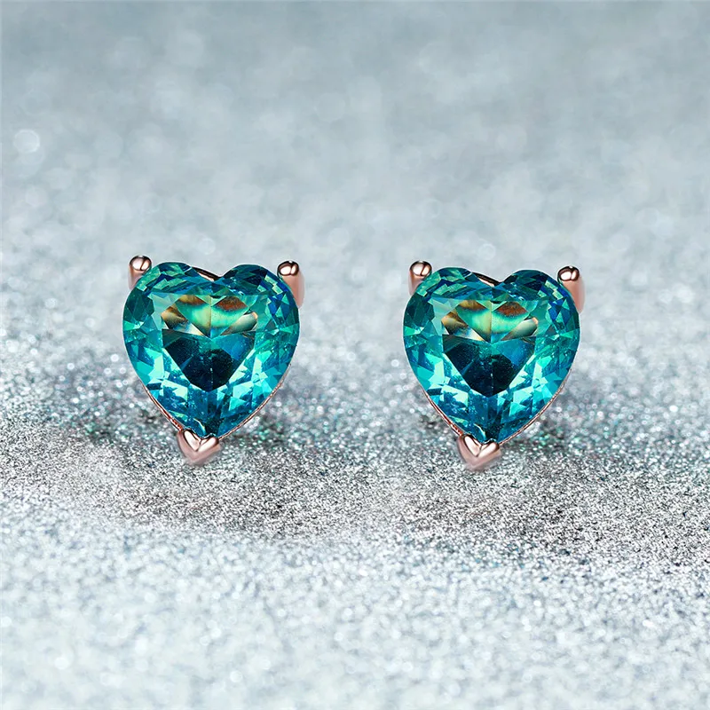 Cute Female Blue Green Heart Stud Earrings Rose Gold Wedding Earrings For Women Vintage Rainbow Colorful Double Earrings