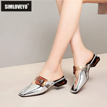 

SIMLOVEYO Mules Shoes Women Sexy Pumps Big Buckle Decoration Small Sqaure Toe Low Heel Spring Summer Pumps Nigh Club Shoes A2930