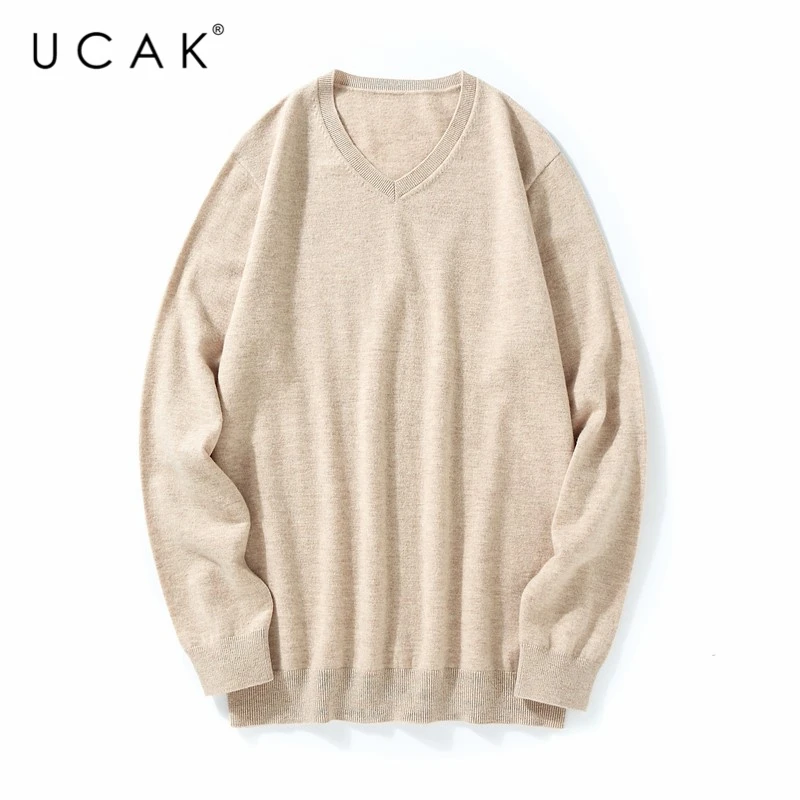 

UCAK Brand New Arrival Winter V-Neck Pure Merino Wool Sweater Men Clothing Streetwear Sweaters Men Clothes Pull Homme U3218