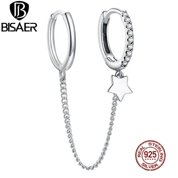 

BISAER Star Earrings Double Ear Pierced 925 Sterling Silver Simple Ear Clip Earrings For Women Fashionable Jewelry ECE914