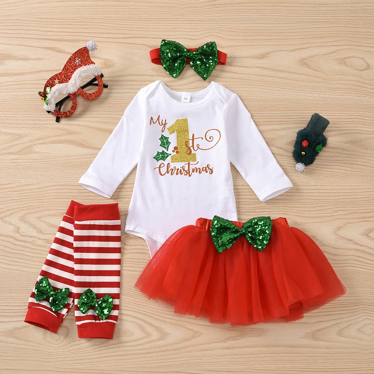 Baby Girls Christmas Clothing Sets Romper+Tutu skirt+Leg warmer+Headband 4Pcs Infant Santa Wear baby Romper | Мать и ребенок