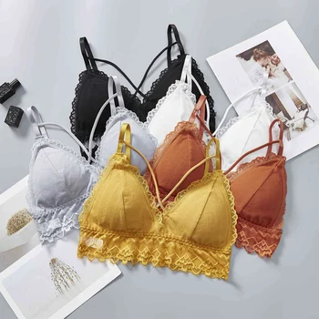

Women Triangle Cup Bras Sexy Push Up Lace Trim Cross Design Sports Bralette Backless Thin Tube Top Water Drop-shaped Padded Bra