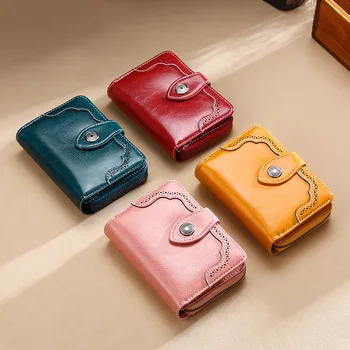 

Genuine Leather Wallets Women Short Purse Retro Oil Wax Leather Fashion Hollow Out Wallet Multi-functional Bag RFID Purse Women