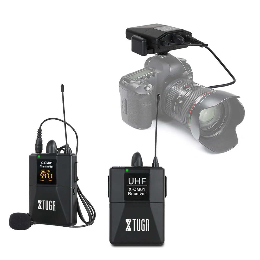 XTUGA UHF Wireless Lavalier Microphone with 16 Channels Come with Two 3.5mm Cables Up to 164ft Range for DSLR Camera Phones 