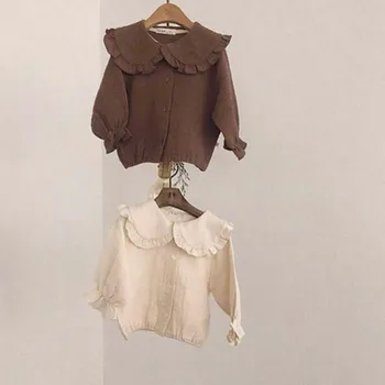 

2020 Spring Girls Clothes Summer Linen Blouse for Girls Peter Pan Collar Girls Shirt 2 Color Kids Blouse